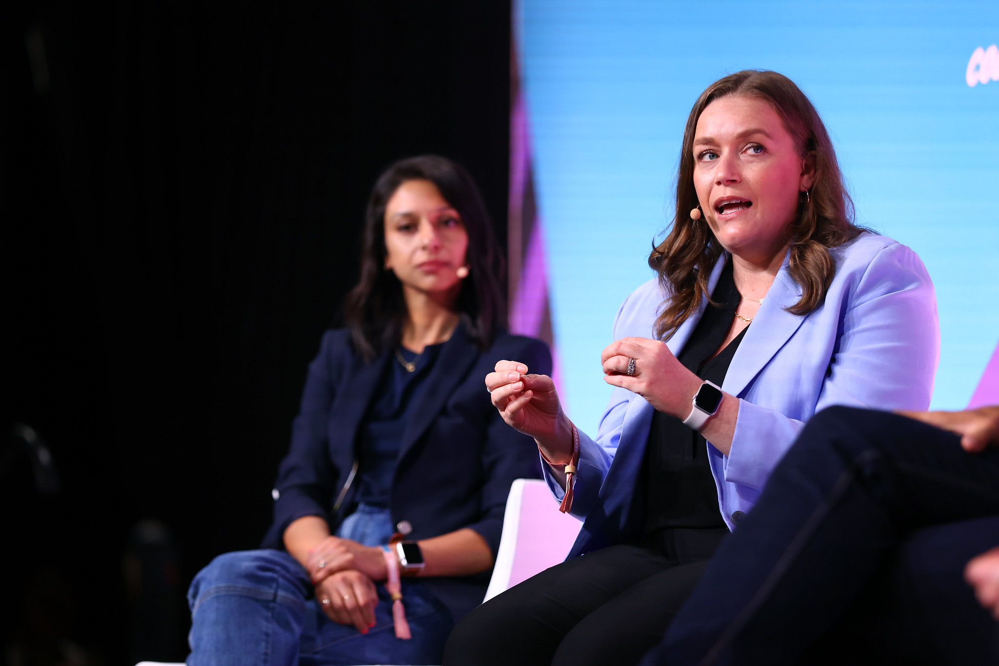 18 June 2024; Neha Khera, Managing Partner, 7am Ventures; left, and Sara Deshpande, General Partner, Maven Ventures on Venture Stage during day one of Collision 2024 at the Enercare Centre in Toronto, Canada. Photo by Vaughn Ridley/Collision via Sportsfile