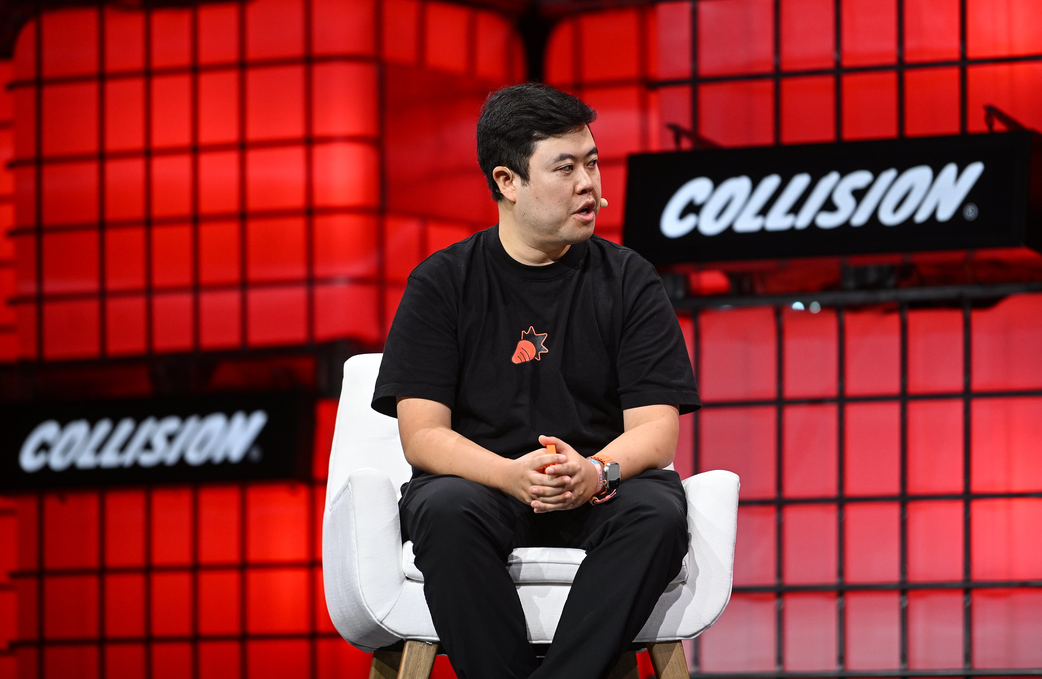 18 June 2024; Jesse Lyu, CEO & Founder, rabbit; on Centre Stage on day one of Collision 2024 at the Enercare Centre in Toronto, Canada. Photo by David Fitzgerald/Collision via Sportsfile