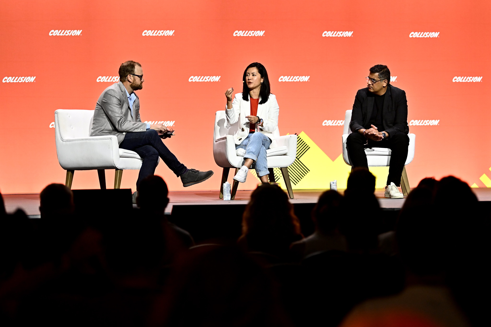 Speakers, from left, Paul Briggs, Principal Analyst, Canada, EMARKETER; Candy Lee, Chief Marketing Officer, Homebase; and Raj Bhatia, Global Chief Technology Officer, Code and Theory, on PandaConf Stage during day one of Collision 2024 at the Enercare Centre in Toronto, Canada. Photo by Piaras Ó Mídheach/Collision via Sportsfile