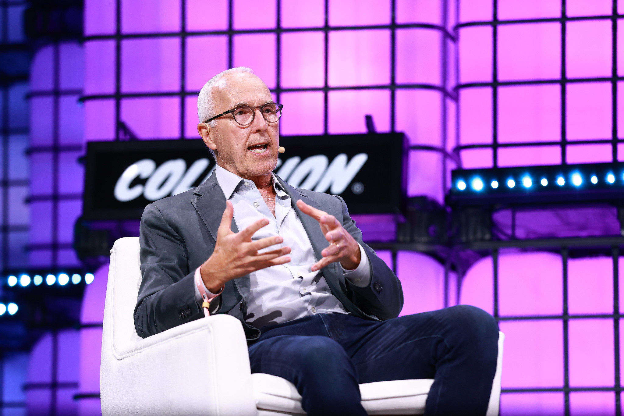 18 June 2024; Frank McCourt, Founder, McCourt Global, on Centre Stage during day one of Collision 2024 at the Enercare Centre in Toronto, Canada. Photo by Vaughn Ridley/Collision via Sportsfile