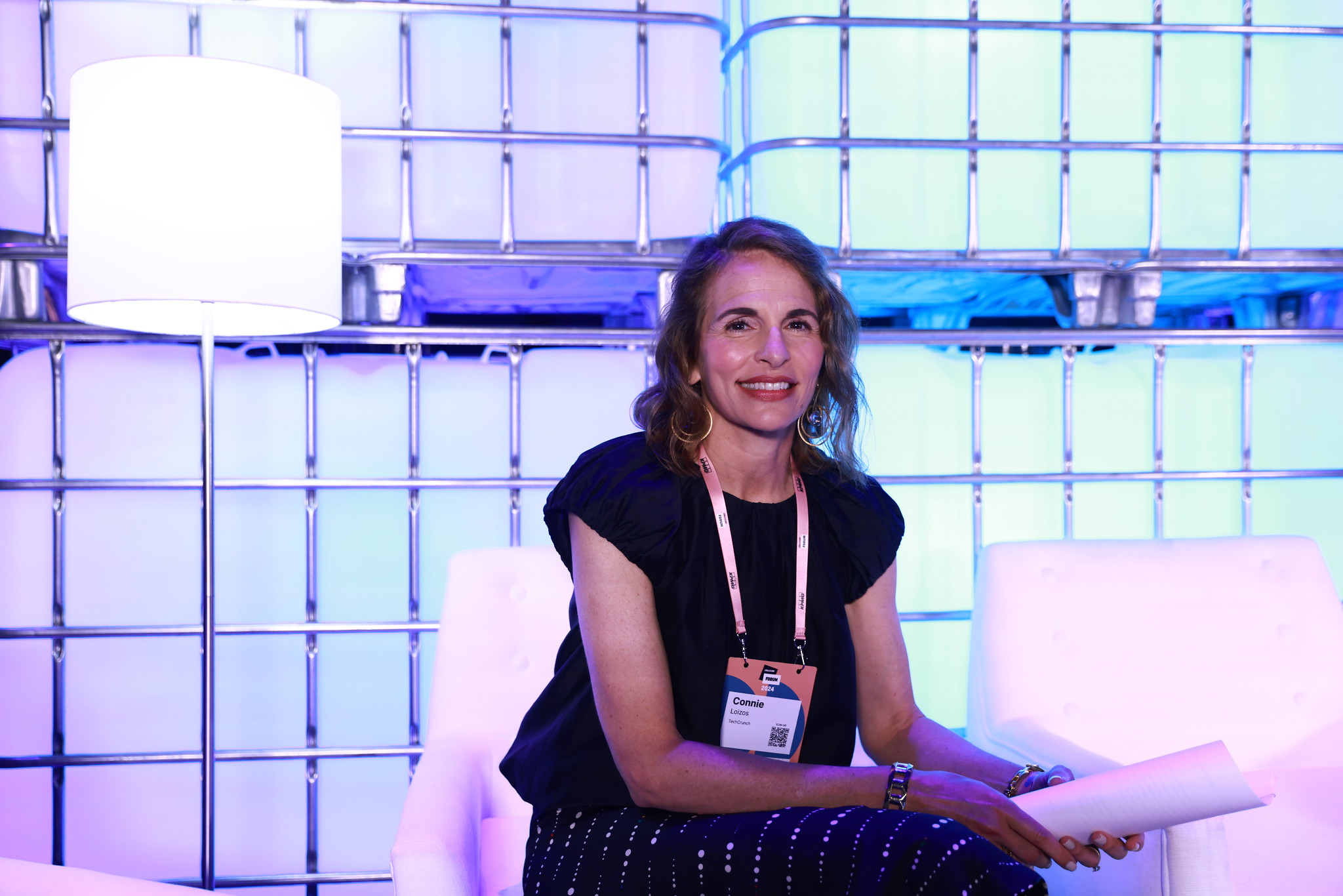 18 June 2024; Connie Loizos, Editor-in-chief, TechCrunch, left, backstage of Centre Stage during day one of Collision 2024 at the Enercare Centre in Toronto, Canada. Photo by Vaughn Ridley/Collision via Sportsfile