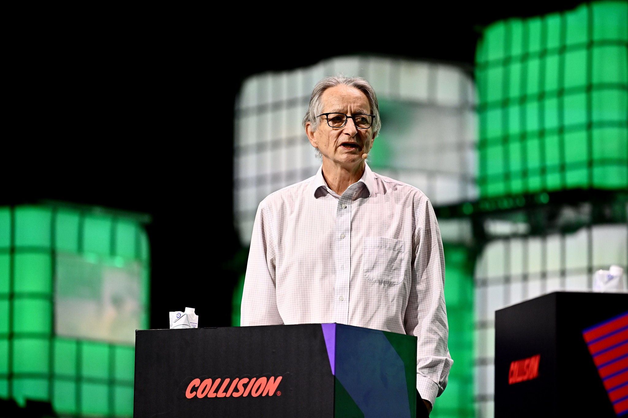 19 June 2024; Geoffrey Hinton, Godfather of AI, University of Toronto; left, and Stephen Marche, Author and political commentator; on Centre Stage during day two of Collision 2024 at the Enercare Centre in Toronto, Canada. Photo by Piaras Ó Mídheach/Collision via Sportsfile