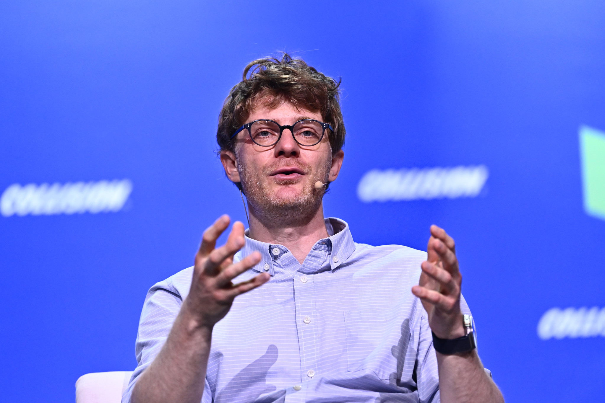 19 June 2024; Richard Socher, Founder and CEO, You.com; left, and Devin Coldewey, Editor, TechCrunch on FULL STK Stage during day two of Collision 2024 at the Enercare Centre in Toronto, Canada. Photo by Piaras Ó Mídheach/Collision via Sportsfile