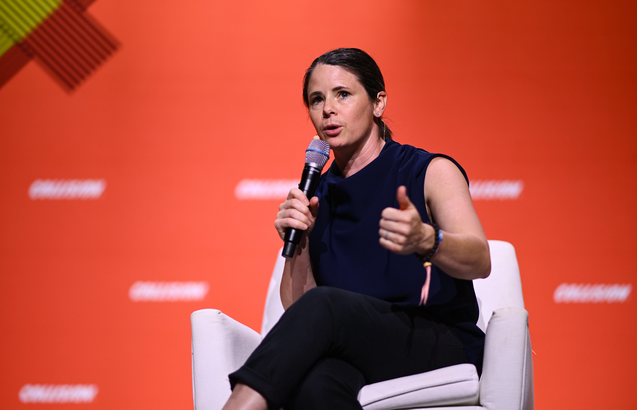 19 June 2024; Diana Matheson, Former Canadian Soccer Player & Co-founder & CEO, Project 8; on SportsTrade Stage on day two of Collision 2024 at the Enercare Centre in Toronto, Canada. Photo by Ramsey Cardy/Collision via Sportsfile