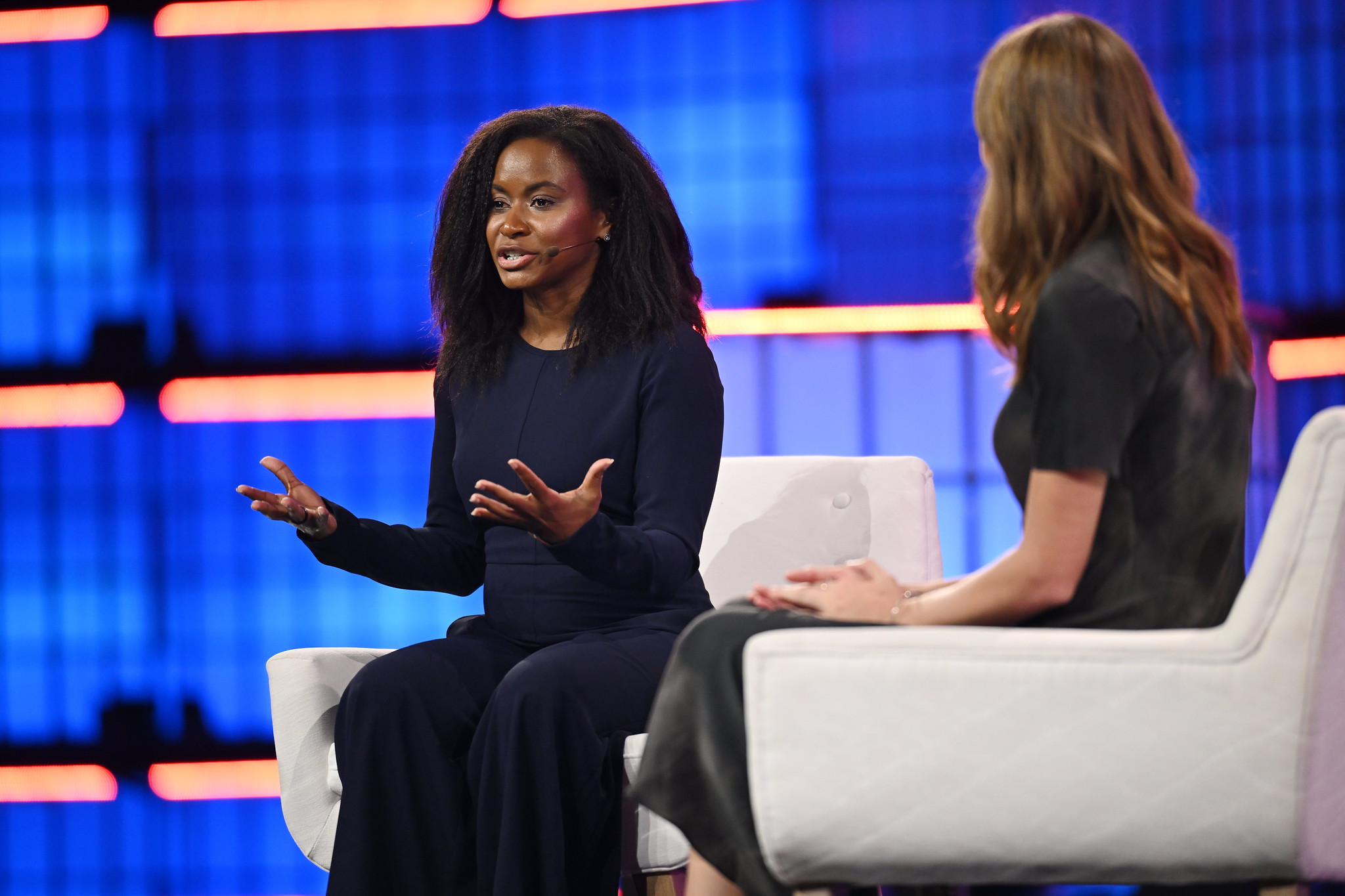 Etosha Cave, Co-founder & Chief Science Officer, Twelve; left, and Amy Nordrum, Executive Editor, MIT Technology Review; on Centre Stage during the opening night of Web Summit 2024 at the MEO Arena in Lisbon, Portugal. Photo by David Fitzgerald/Web Summit via Sportsfile