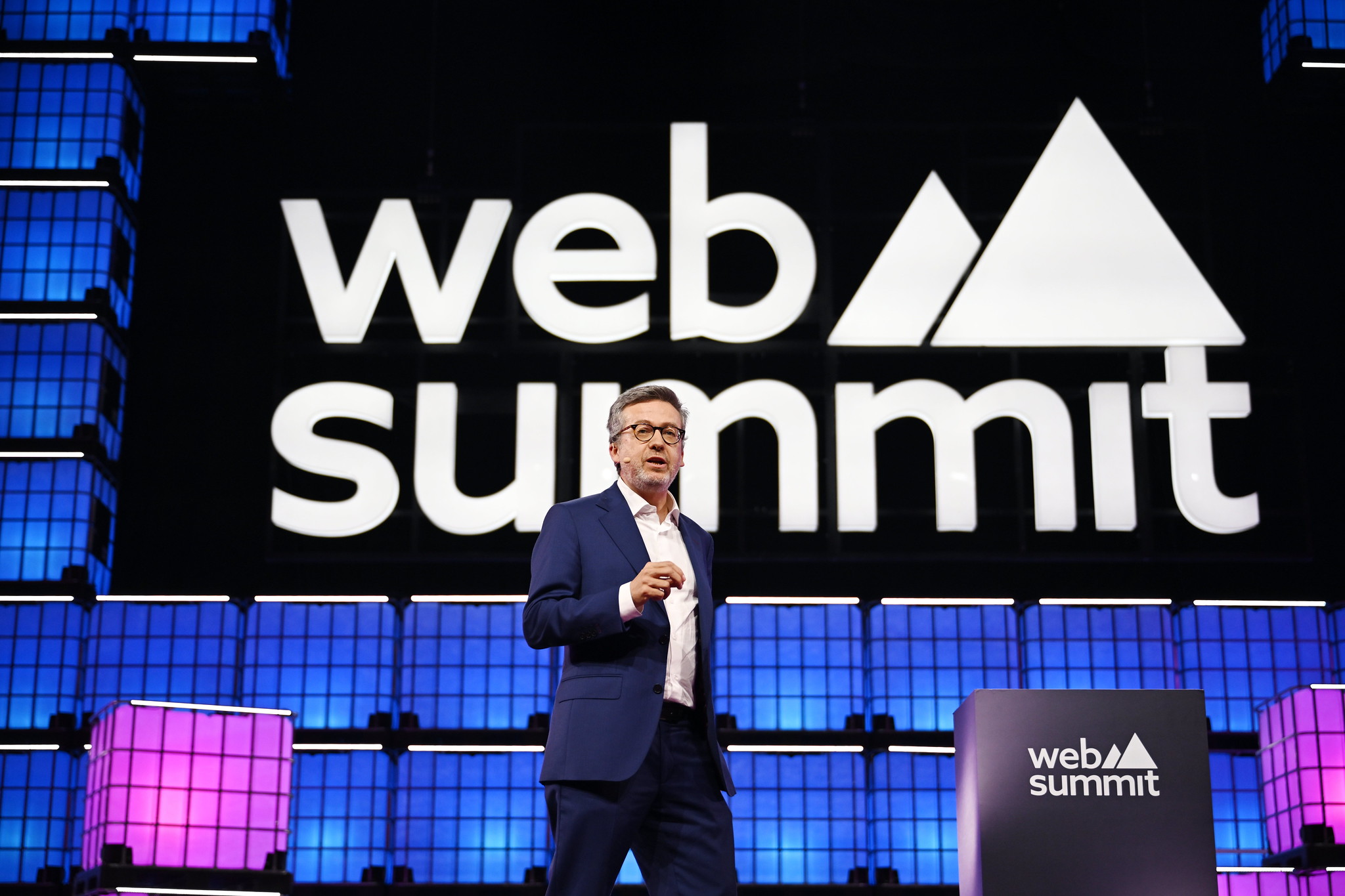 11 November 2024; Carlos Moedas, Mayor, City of Lisbon on Centre Stage during the opening night of Web Summit 2024 at the MEO Arena in Lisbon, Portugal. Photo by David Fitzgerald/Web Summit via Sportsfile