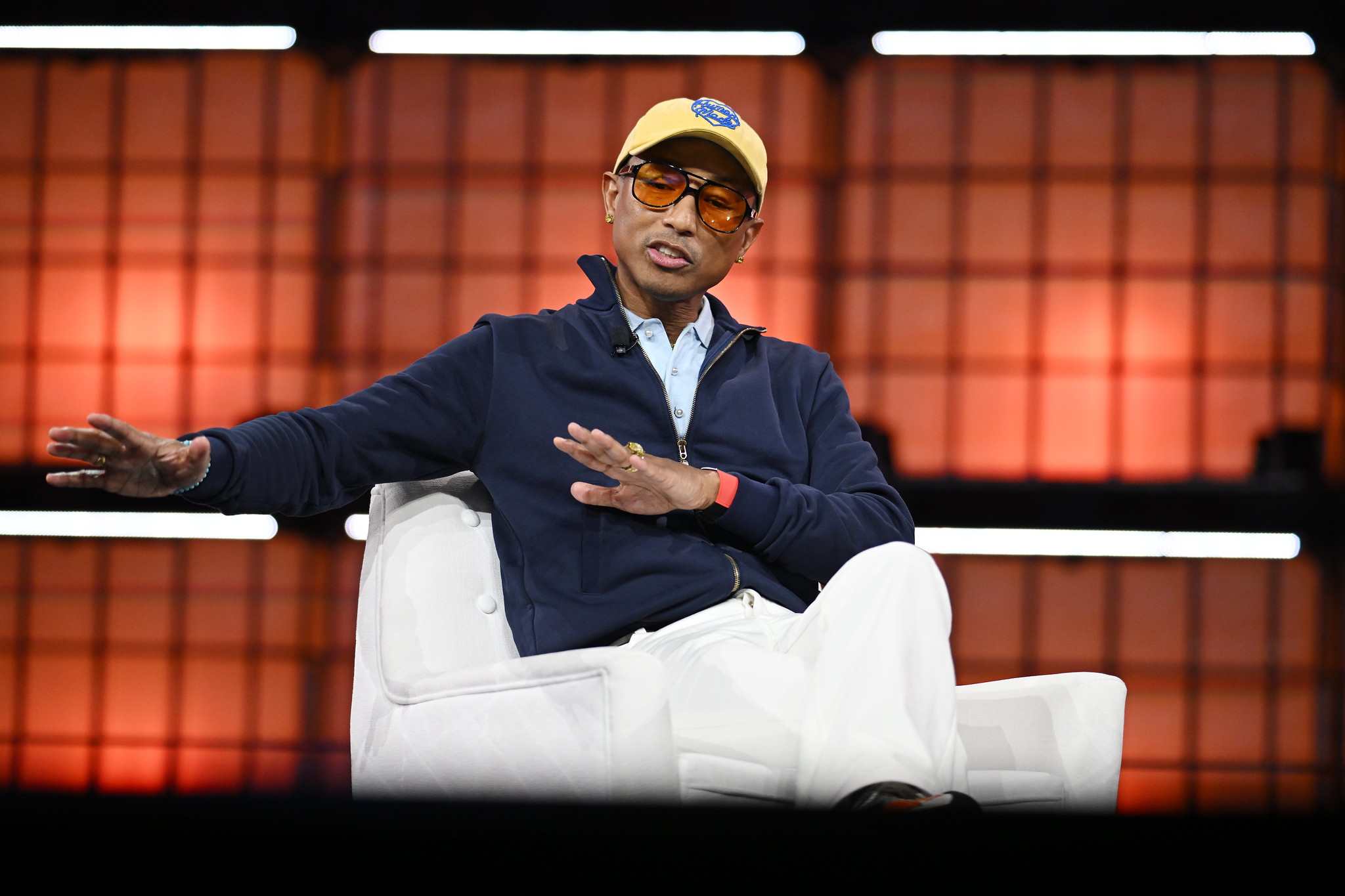 Pharrell Williams, Artist and Entrepreneur, on Centre Stage during the opening night of Web Summit 2024 at the MEO Arena in Lisbon, Portugal. Photo by David Fitzgerald/Web Summit via Sportsfile